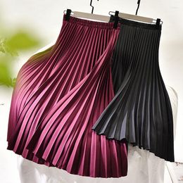 Skirts Midi Long Pleated Skirt High Waist A Line Loose Vintage Solid Women's Elastic Black Falda Mujer Saia