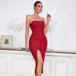 Casual Dresses Strapless Bandage Bodycon Dress 2023 Style Spring Summer Sexy Off-the-shoulder Solid Colour Split Party Prom DressCasual