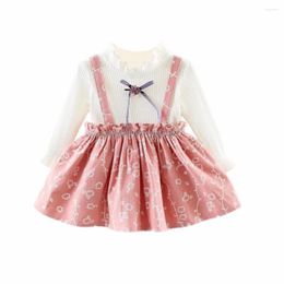 Girl Dresses Toddler Infant Born Baby Dress Autumn Fall Knit Floral Printed One-piece Cute Bow Suspender Casual Style Clothes