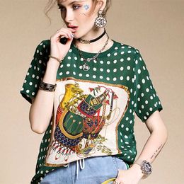 Женская футболка 3xl Свободная элегантная дама летние вершины винтажные зеленые в горошек рубашки y2k Эстетическая О-образовательная случайная женщина Tshirts Harajuku L230223