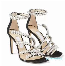 Summer luxury women's sandals famous brand Josefine design crystal diamond ribbon stiletto shoes calfskin square head 44 bride wedding party