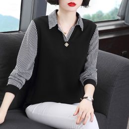 Women's Blouses Shirts M6XL Longsleeved Mother Blouse Top Spring Summer Tshirt Middleaged Stitching Polo Collar Bottoming Shirt 230223