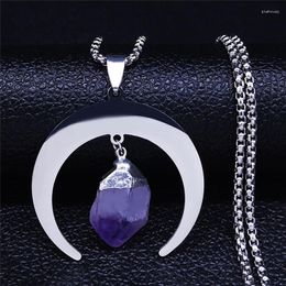 Pendant Necklaces Witchcraft Divination Moon Stainless Steel Purple Natural Crystal Women Silver Colour Jewellery Bijoux Femme NXS03