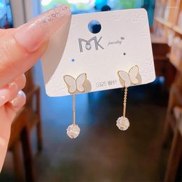 Dangle Earrings White Butterfly Zircon Ball Pendant Tassel 925 Silver Needle Gold-plated Refined Luxury Style Gift