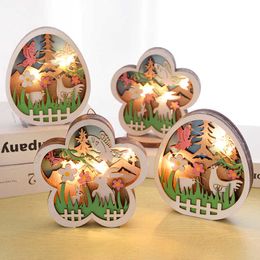 Party Decoration 2023 Wooden Easter LED Night Light For Home Rabbit Eggs Flower Ornaments Lamp Kids Gift Favours Supplies Y2302