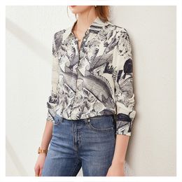 Women's Blouses Shirts Vintage Printed Silk Mulberry Temperament Top Office Fashion Clothing Style 230223