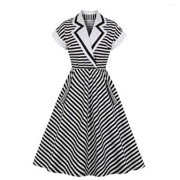 Casual Dresses Vintage Party Dress Women Striped Printed White Black Office Ladies Suit Collar Elegant Summer Femme