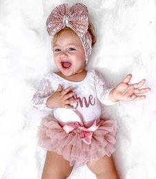 Clothing Sets Baby Girls My First Birthday Outfits Cute Long Sleeve Floral Lace Romper Tutu Skirt Headband Set 030Months 230223