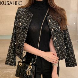 Womens Jackets KUSAHIKI Korean Plaid Tweed Short Coat Women Vintage Long Sleeve Oneck Outwear Tops Autumn Fashion Elegant Jacket 230223