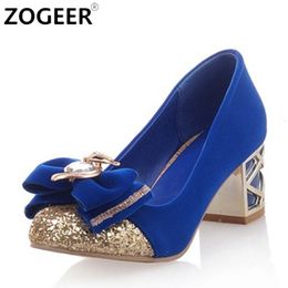 Dress Shoes Luxury Crystal Low Heels Casual Women Pumps Shoes Round toe Sweet Bow-tied Black Pink Blue Heeled Wedding Party Shoes Ladies 230223