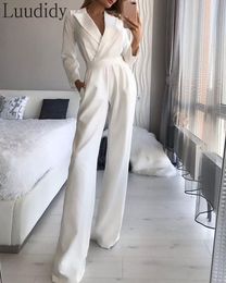 Women's Jumpsuits Rompers Women Elegant Long Sleeve Pocket Design Turn Down Collar Wide Leg Jumpsuit 230223