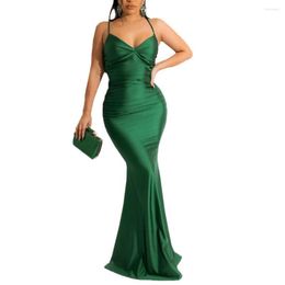Casual Dresses Bodycon Dress For Women 2023 Smooth Satin Ruched Back Lace-Up Sling Backless Maxi Summer Club Wear Vestido