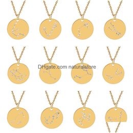 Pendant Necklaces New 12 Zodiac Sign Stainless Steel Coin Crystal Diamond Constellation Charm Gold Sier Chain For Women Fashion Jewe Dhx2K