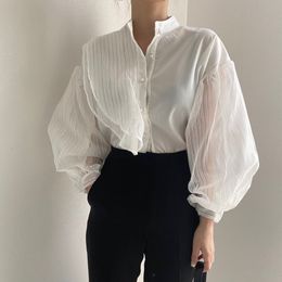 Women's Blouses Shirts 2023 Standup Collar Stitching Chiffon Shirt Top Spring Fashion See Through Chic Mesh Blouse Women Longsleeved 230223