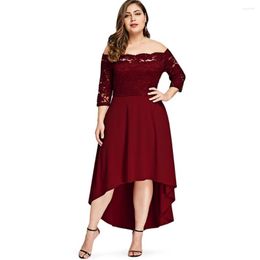 Casual Dresses Plus Size 5XL Off Shoulder Dip Hem Lace 3/4 Length Sleeves Dress Women Party Asymmetrical Elegant Vestidos Gothic Clothes