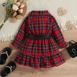 Girl's Dresses Qunq Autumn Winter Girls Princess Christmas Dress Ground English Plaid and Belt Falbala Dresses Casual Kids Clouthes Age 3T-8T