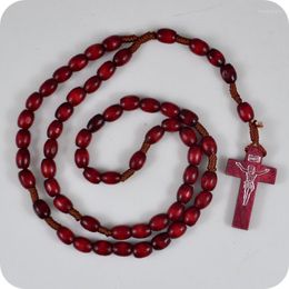 Pendant Necklaces Oval Wood Rosary Beads INRI JESUS Cross Necklace Catholic Fashion Religious Jewellery