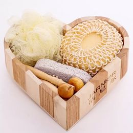 Promotional wood heart-shaped Gift box 6pcs bath accessory Sisal sponge /comb Wooden/ Massage Brush/ spa/Bath Gift bb0223