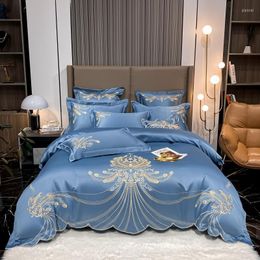 Bedding Sets Blue Satin Cotton Patchwork Duvet Cover Set 4pcs Luxury Gold Feather Embroidery Bedspread Sheet Pillowcases Home Textile