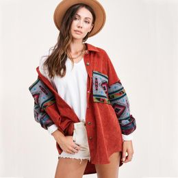 Women's Jackets Retro Vintage Jacket Women Splicing Loose Denim Print Aztec Button Long Sleeved Shirt Streetwear Female Goth CoatWomen's