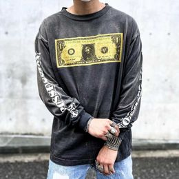 Designer Fashion Hoodie Saint Michael High Street Style 22AW Co-branded US Dollar Print Wash Round Neck Long Sleeve T-shirt Loose