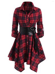 Casual Dresses Women Plaid Belted Roll Tab Sleeve Handkerchief Dress Vestidos Spring Long A-Line Party Gothic 2023