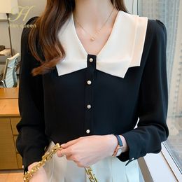 Women's Blouses Shirts H Han Queen Simple Autumn Elegant Single-Breasted Blouses Womens Korean Loose Casual Vintage Shirts OL Office Wear Work Tops 230223