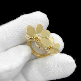 Band Rings 18k Gold Plated Double Clover Ring Women Luxury Vintage Cubic Zirconia Flower Adjustable Rings Fashion Brand Z522 G230213