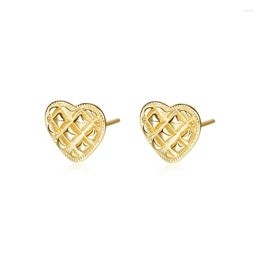 Stud Earrings Women 925 Pure Silver Ear Nails Gold Heart Grid European And American Personality Fashion Jewellery Couple Gift