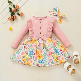 Clothing Sets Girls Printing Fall Dress Ribbed Floral Stitching Flounce Long Sleeve Casual Skirt Hair Band For Kids 18 Months To 6 Years