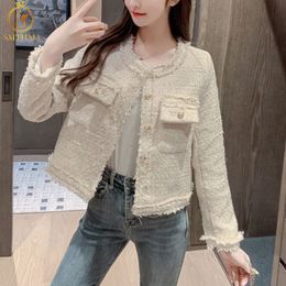 Womens Jackets HMA Runway Style Tweed Short Jacket Autumn Winter Casual Vintage Coat Elegant Female Top 230223