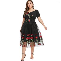 Casual Dresses Women Plus Size Off The Shoulder Floral Embroidery A Line Dress Mesh Patchwork Short Sleeve Mid-Calf Party Vestidos