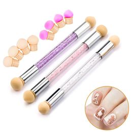 Nail Brushes 1 Set Pink Double-headed Gradient Acrylic Rhinestone Handle Sponge Art Brush For Ombre Nails Manicure Tool