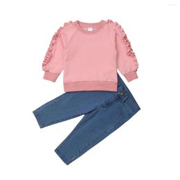 Clothing Sets 1-6Y Fashion Pretty Toddler Baby Girls Clothes 2PCS Long Ruffles Sleeve Pink Pullover Sweatshirt Tops Denim Pants