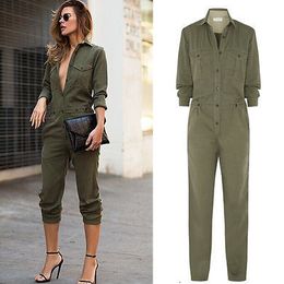 Women's Jumpsuits Rompers Ladies Sexy Vintage Romper Long Pants Women Slim Bodycon Jumpsuit Long Sleeve Army Green Solid Casual Cargo Pants 230223