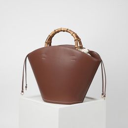 Evening Bags Women's Leather Large Bucket Bag Caramel Colour Vintage Bamboo Handle Tote Luxury Handbags 2023 Trend