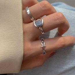 Band Rings S925 Sterling Silver Rings for Women Fashion Geometry Black Crystal Square Simplicity Adjustable Accessories Jewelry Wholesale G230213