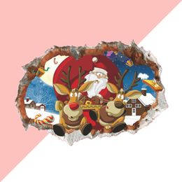 Wallpapers 3D Broken Wall Stickers Santa Claus Reindeer Sticker Christmas Decorations For Home Bedroom Living Room Decor