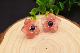 Stud Earrings 925 White With Red Crystal Natural Stone Lapis Lazuli Flower Handmade