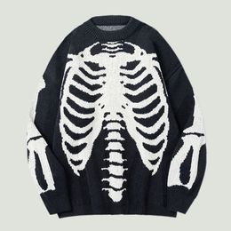 Men's TShirts Streetwear Oversized Knitted Sweaters Mens Vintage Skeleton Bone Printed Hip Hop Harajuku Patchwork Casual Pullover Unisex Black 230223