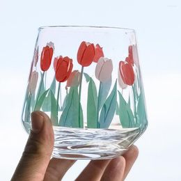 Wine Glasses Heat-resistant Double Wall Vintage Tulip Print Transparent Beer Whisky Milk Glass Cup Home Restaurant Mug Coffee