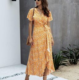 Casual Dresses Summer Long Dress Female Polka Dot Sexy V-neck Ruffle Short-sleeved Beach Vacation Ladies Lace Wrap Party