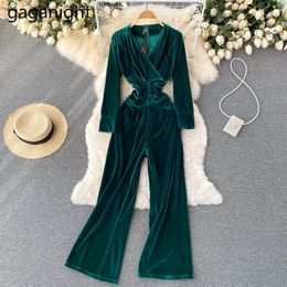 Women's Jumpsuits Rompers Gaganight Women Jumpsuits Temperament V neck High end Velvet Long sleeved Waist Thin Chic High quality Wide leg Pants 230223