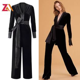 Women's Jumpsuits Rompers ZALady party jumpsuits for women sexy v-neck long sleeve black velvet jumpsuit bandage wide leg long trousers female overalls 230223