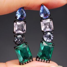 Stud Earrings Geometric Shape Colorful Crystal Champagne Gold Color Ear Cuff Multi Zircon Stone Jewelry For Women