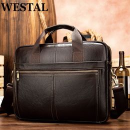 Briefcases WESTAL Men's Briefcases Messenger Bag Men's Genuine Leather 14'' Laptop Bag Man Leather Office Business Bags for Document 8572 230223