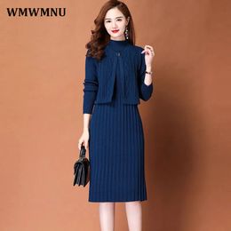 Casual Dresses Vintage Knitted Dress Two Piece Set Women Elegant Cropped Vest Cardigan Half Turtleneck Slim Winter Bottoming Sweater Dresses 230223