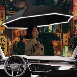 Umbrellas Automatic 3Folding Reverse Umbrella Windproof Women Men Strong Rain Business Reflective Stripe 10K Parasol Large