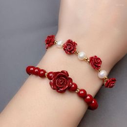 Charm Bracelets Women's Elegant Cinnabar Beads Bracelet Vintage Graceful Rose Flower Bangle Lady High-End Hand Accessories Red Jewellery
