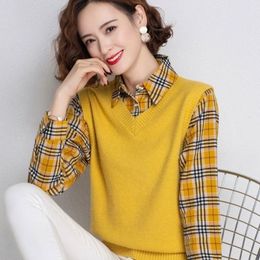 Women's Blouses Shirts Fake Twopiece Vest Sweater Top Spring Autumn Collar Long Sleeve Knitted Bottoming S3XL 230223